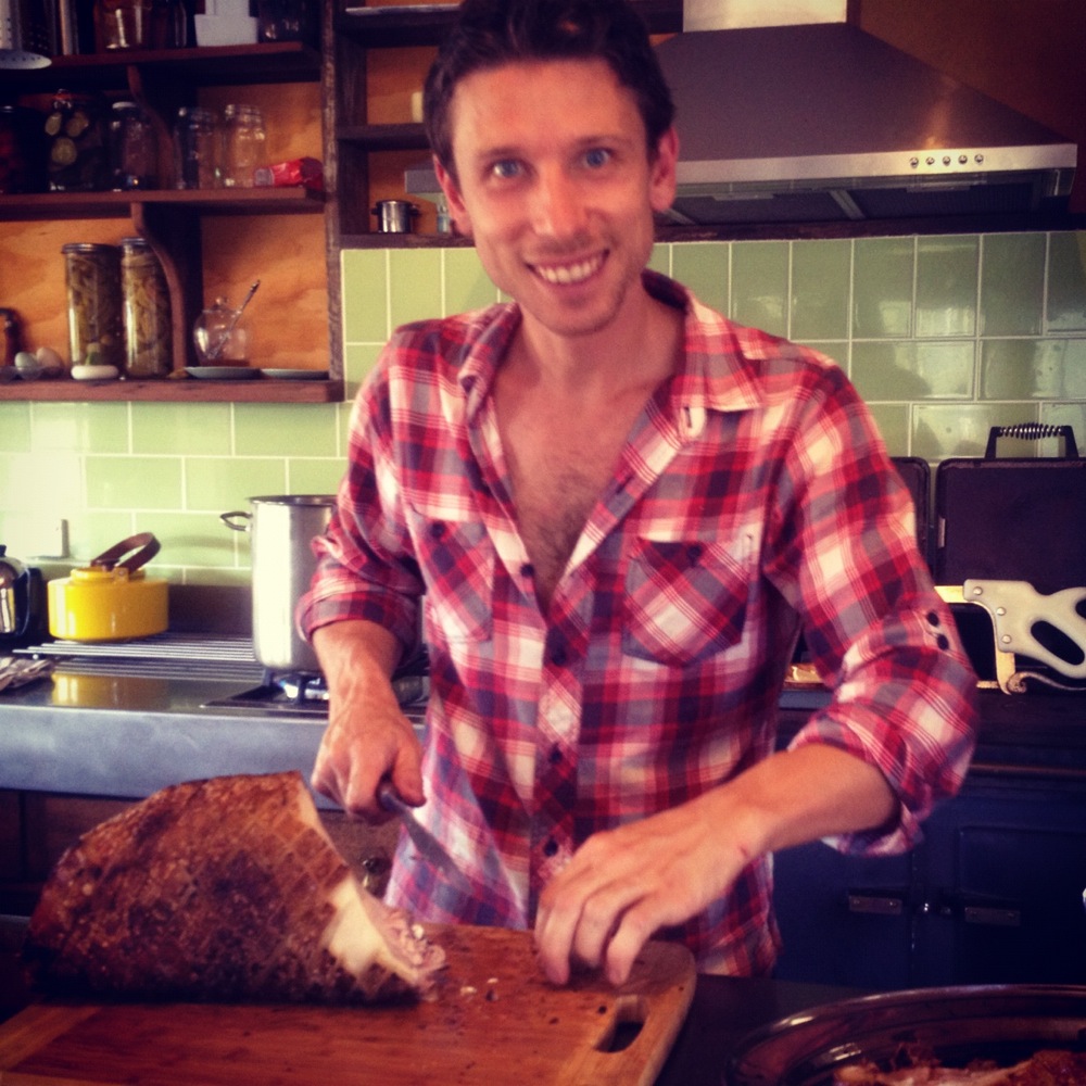 Olivier Sofo! In the midst of chopping up BBQed loin for the hungry pig team