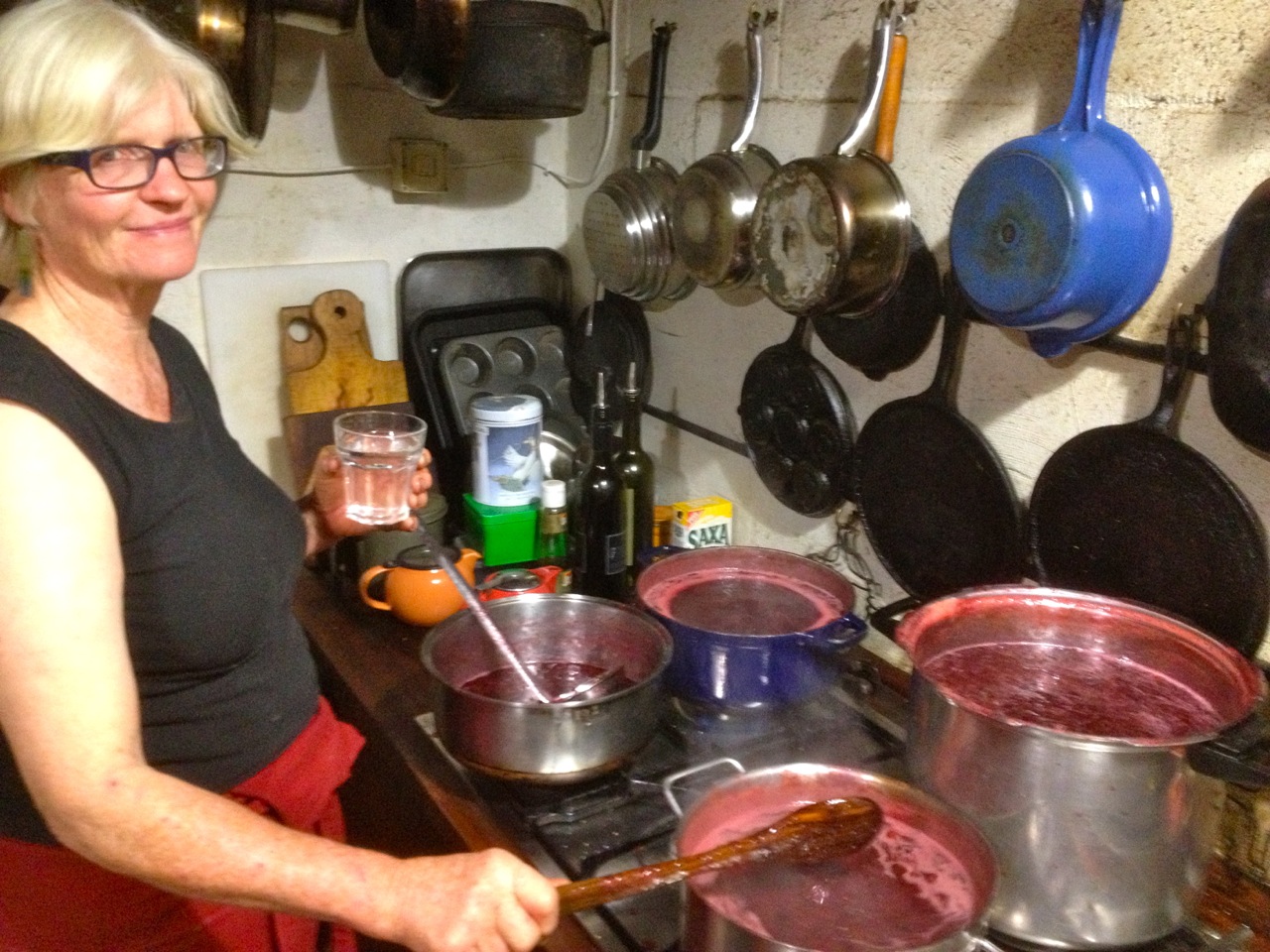 Joyce Wilkie stirring 40 liters of jam at midnight after teaching a class of future growers in the full sun for two days. What a woman.