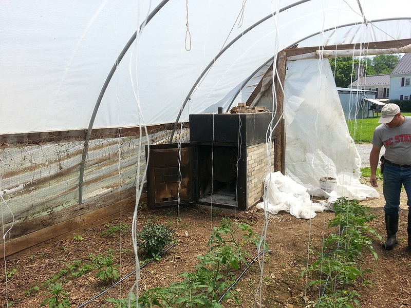 Dan and the tomato unit - after a winter of housing chickens on deep litter, this greenhouse soil is nutrient rich and ready to produce some serious tomatoes