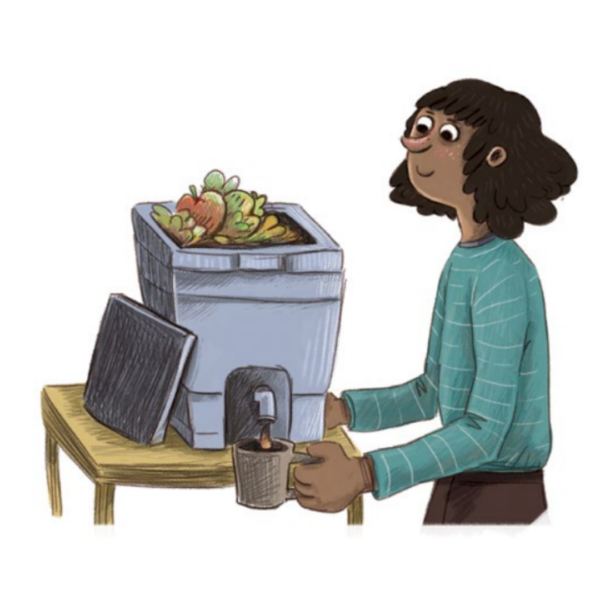 An illustration of a woman using a Bokashi bin.